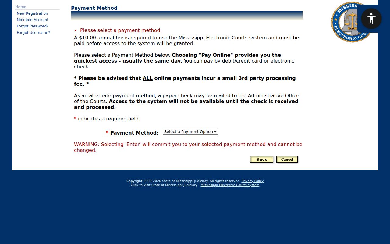 Jefferson County docket search PAMEC payment method screen